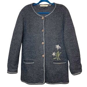 Vintage Boiled Wool Cardigan Jacket Gray Embroidered Deer Floral Sz S Classic